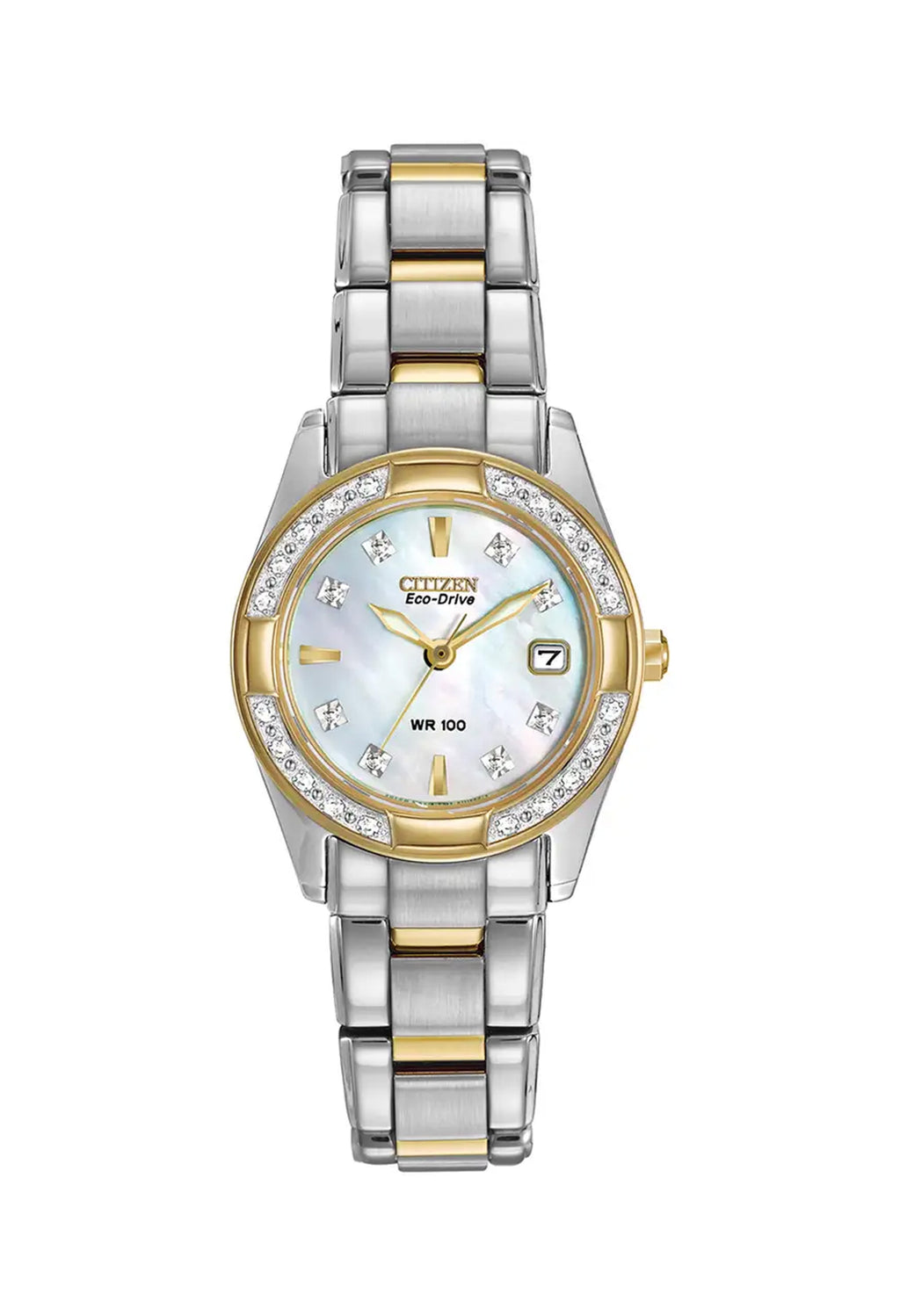 Citizen Eco Drive Regent watch showcasing the diamond-set bezel and mother-of-pearl dial. On-image text: "Citizen Eco-Drive,