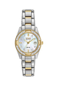 Citizen Eco Drive Regent watch showcasing the diamond-set bezel and mother-of-pearl dial. On-image text: "Citizen Eco-Drive,