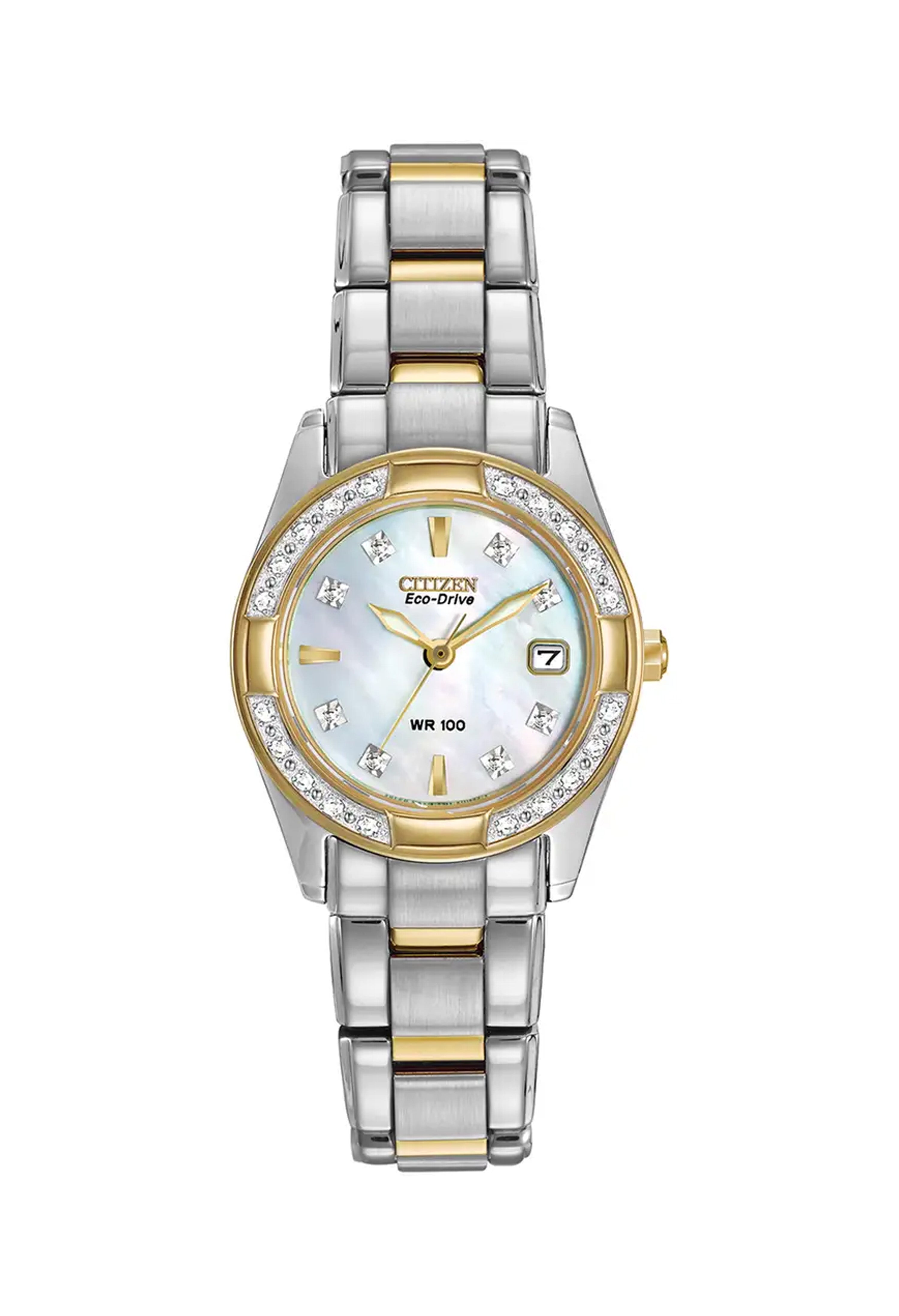 Citizen Eco Drive Regent watch showcasing the diamond-set bezel and mother-of-pearl dial. On-image text: "Citizen Eco-Drive,