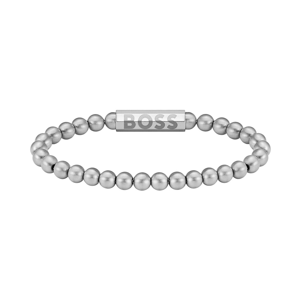 BOSS bracelet featuring stainless steel bead design. Metal bar with BOSS logo. Jewelry for men.