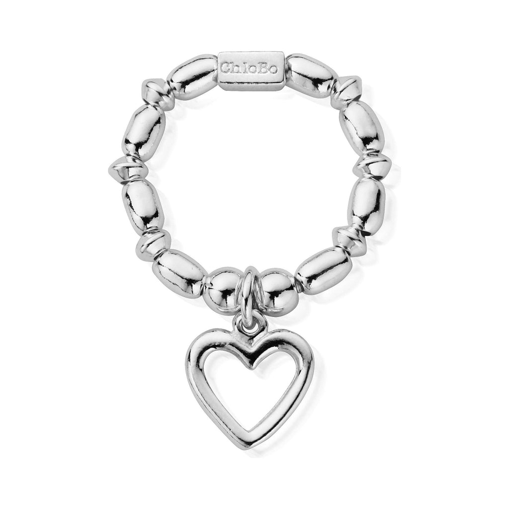 ChloBo Mini Rice Open Heart Ring in 925 sterling silver, showcasing the delicate heart charm and rice bead design.