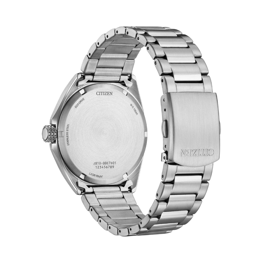 Silver Citizen watch with stainless steel band.