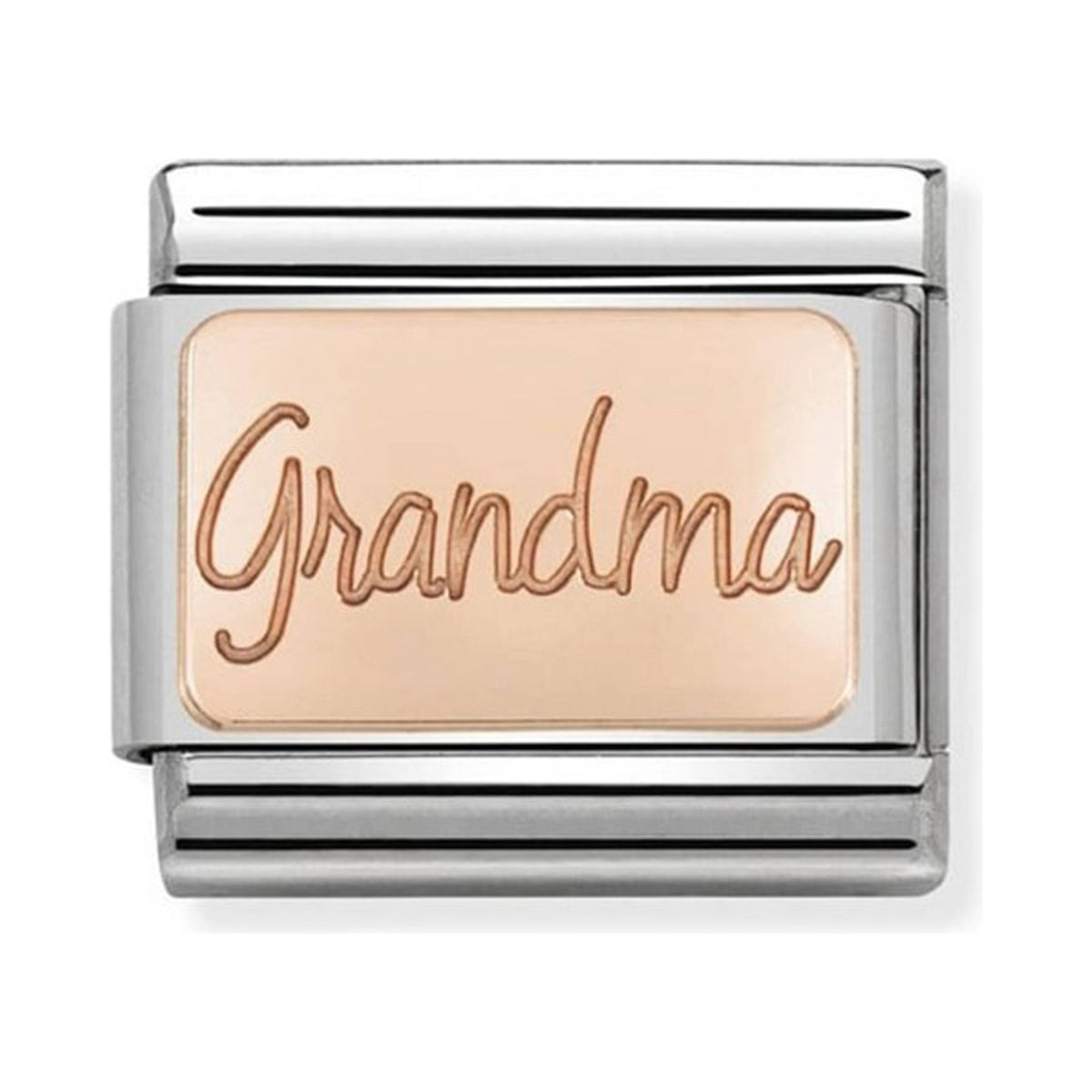 Nomination charm featuring "Grandma" inscription in rose gold. Stainless steel charm, gift for grandmother.