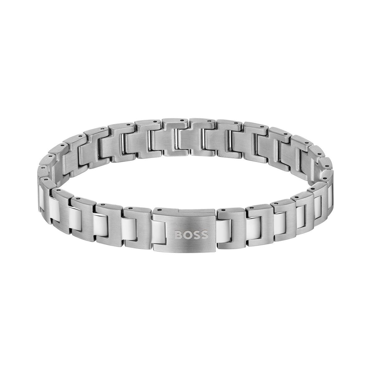 Silver-tone BOSS bracelet with white accents.
