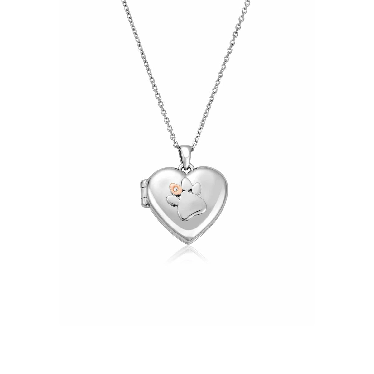 Clogau Paw Print Heart Locket in sterling silver with white topaz detail, pet memorial jewelry.
