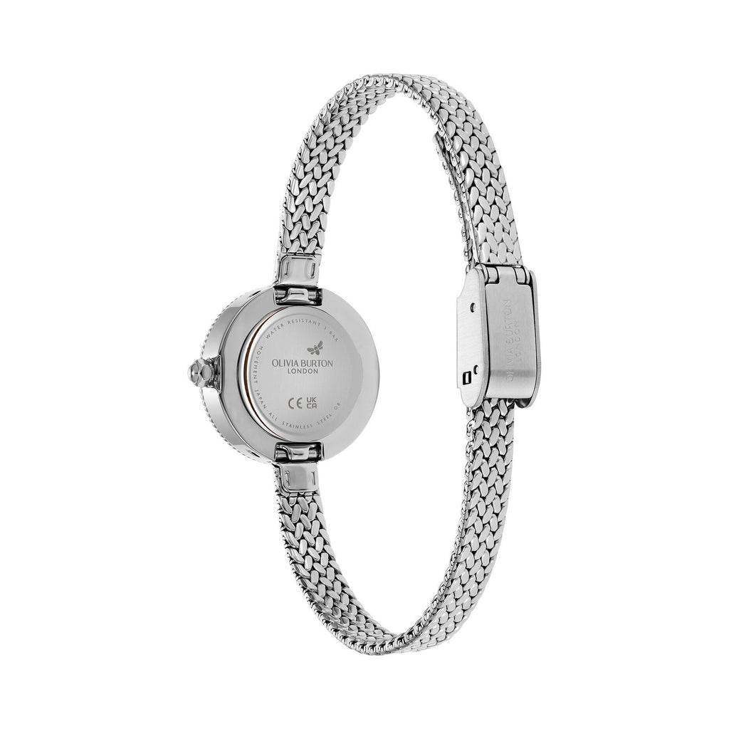 Silver Olivia Burton watch with a woven band.