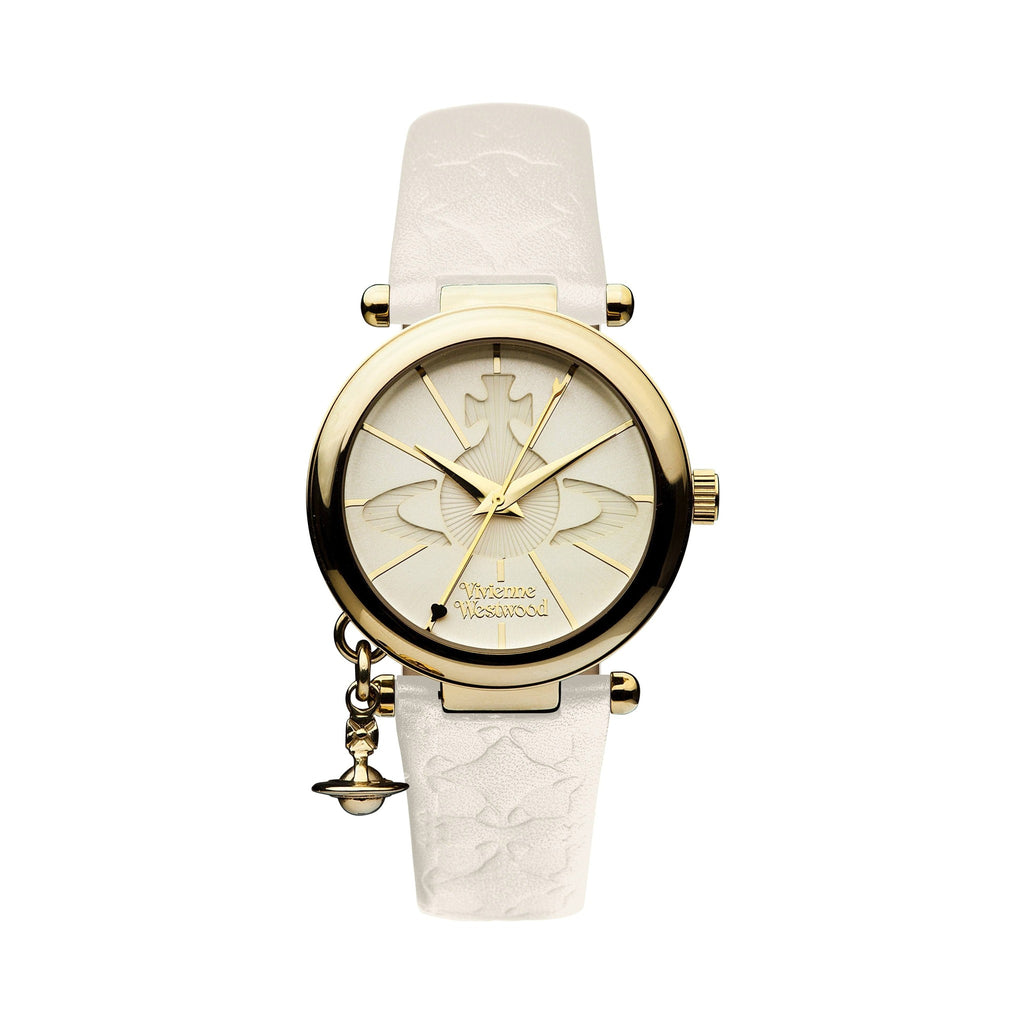 Close-up of the Vivienne Westwood Orb II watch face showing the logo, gold hands, and charm.