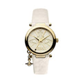 Close-up of the Vivienne Westwood Orb II watch face showing the logo, gold hands, and charm.