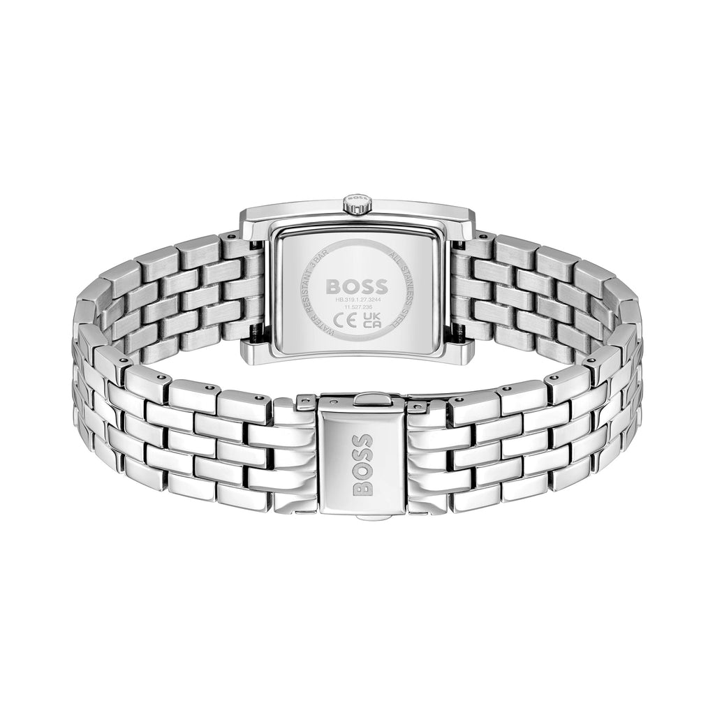 Back view of the BOSS Lucy ladies watch displaying its stainless steel bracelet, model number & branding details.