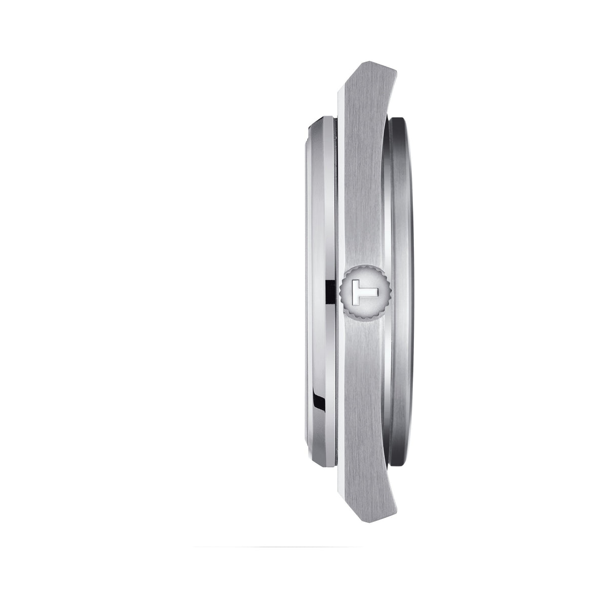Side view of the Tissot PRX stainless steel watch showcasing its slim profile and signature crown detail.
