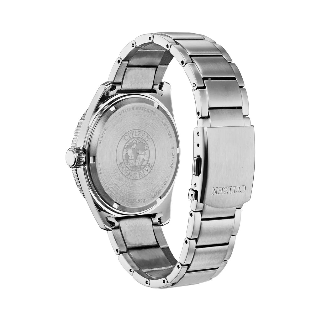 Close-up showing the back of the Citizen Eco-Drive sports watch, highlighting stainless steel case and band, with Eco-Drive