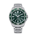 Citizen Promaster diver watch showcasing its green dial, stainless steel band, Eco-Drive technology, & 200m water resistance.