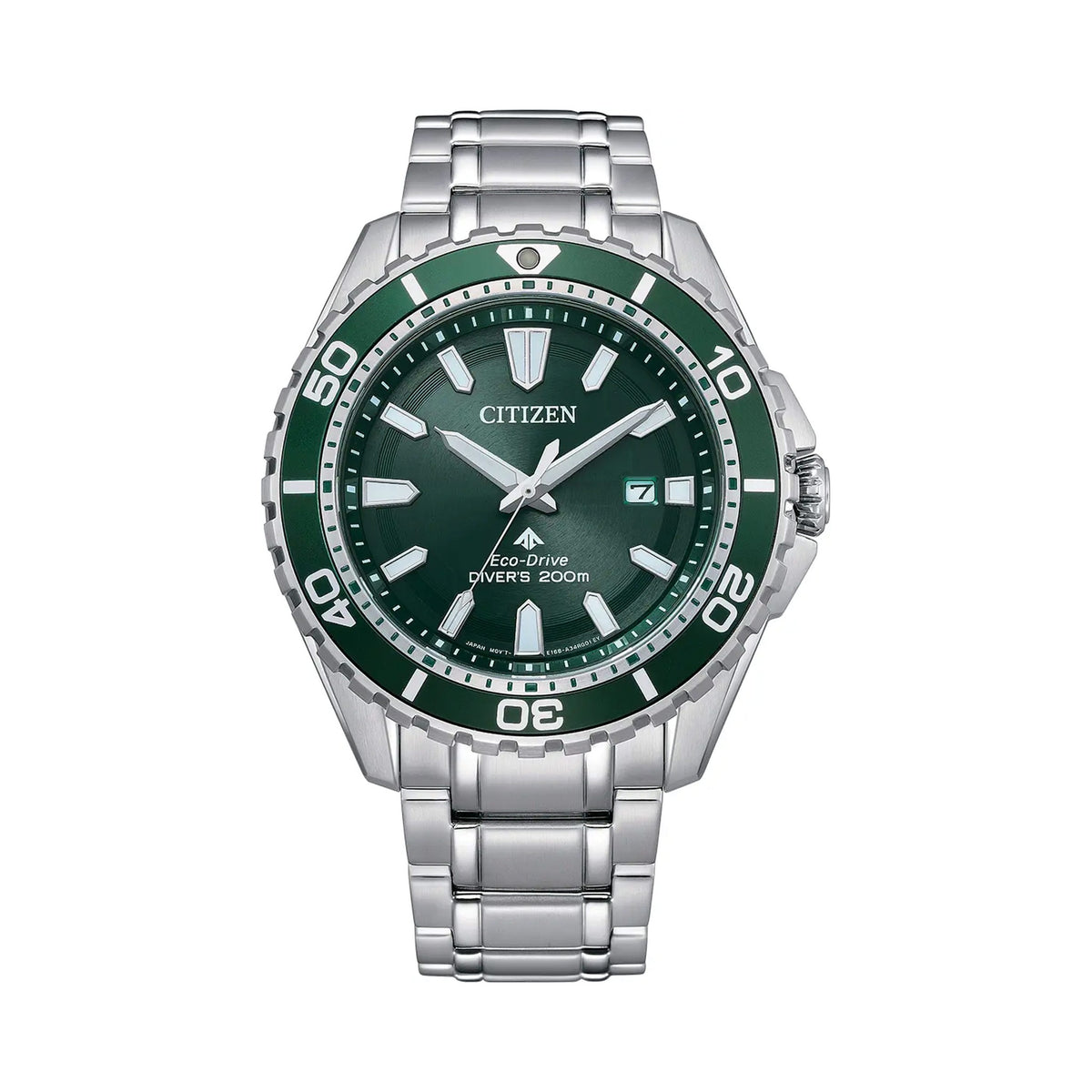 Citizen Promaster diver watch showcasing its green dial, stainless steel band, Eco-Drive technology, & 200m water resistance.