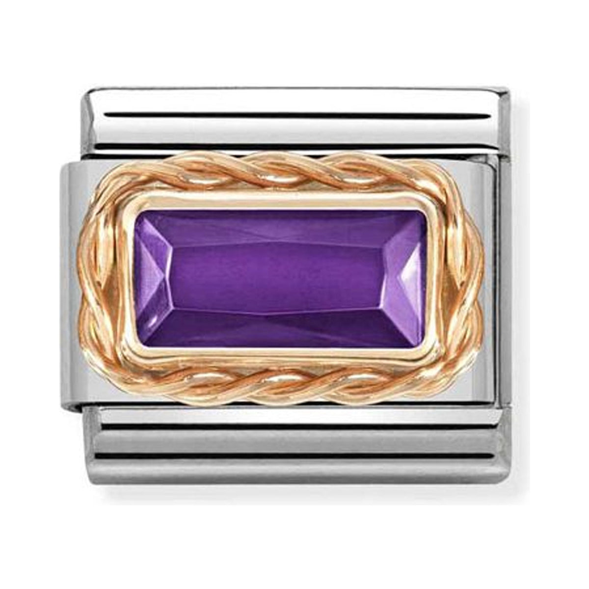 Nomination Composable bracelet link with a purple baguette stone and 9K rose gold detail.