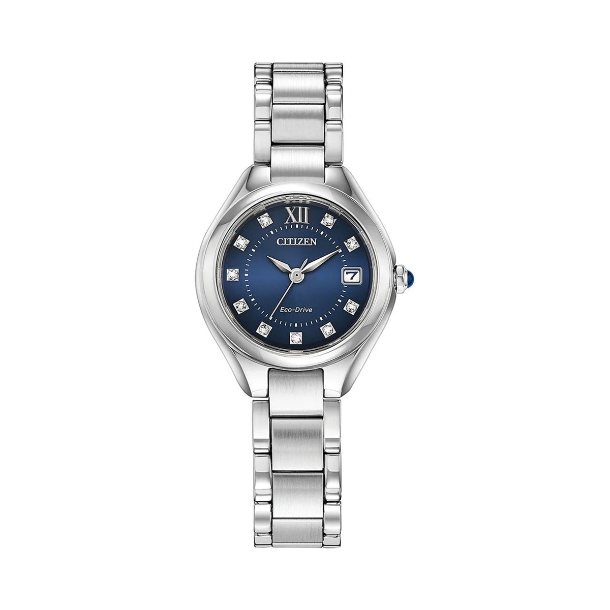 Citizen Eco-Drive ladies watch showcasing a blue dial with crystal accents and the date. Stainless steel band.
