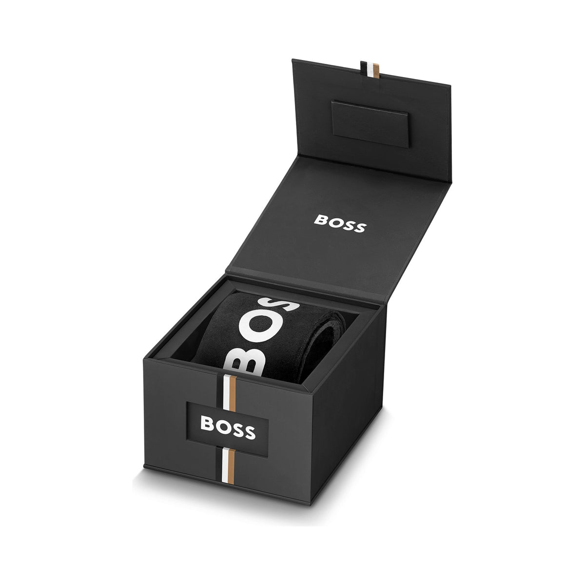 Open black box with white BOSS logo and black head wrap inside.