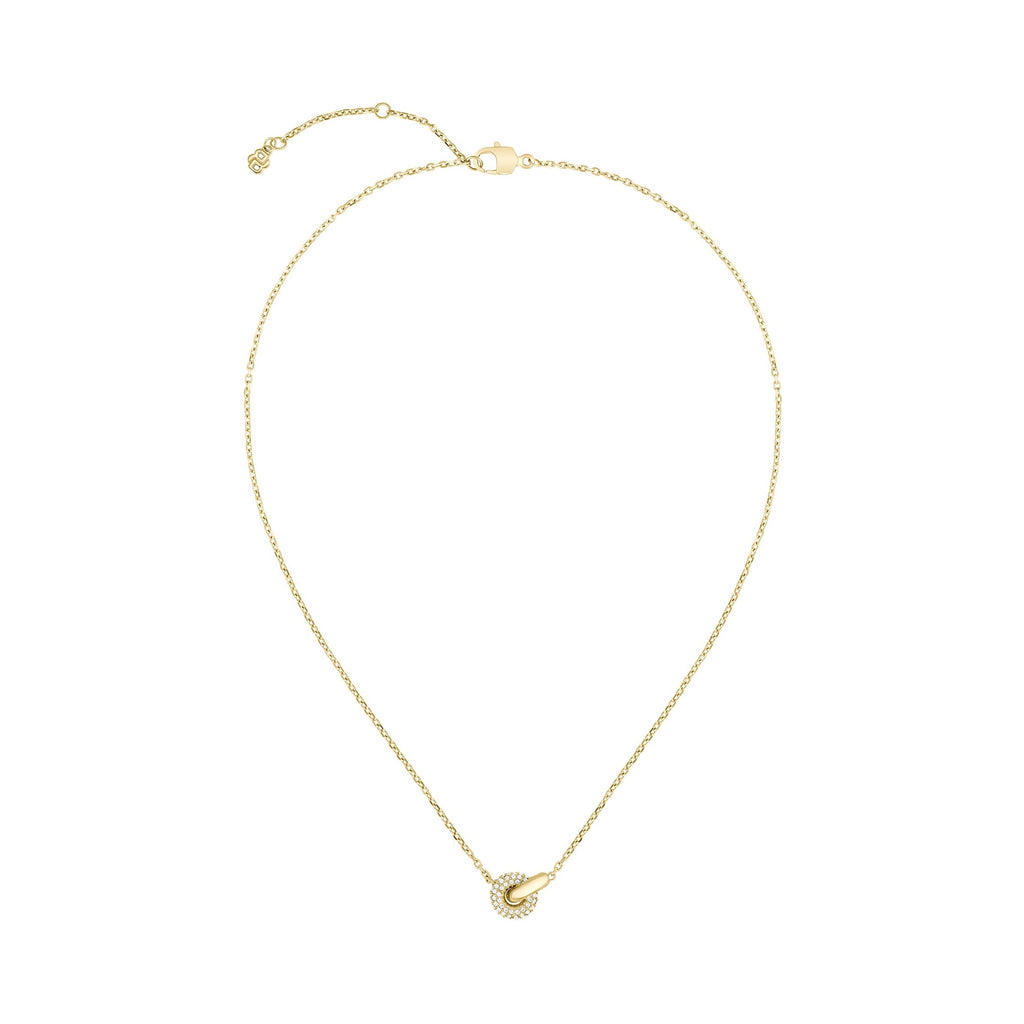 Gold necklace with crystal circle and bar pendant.