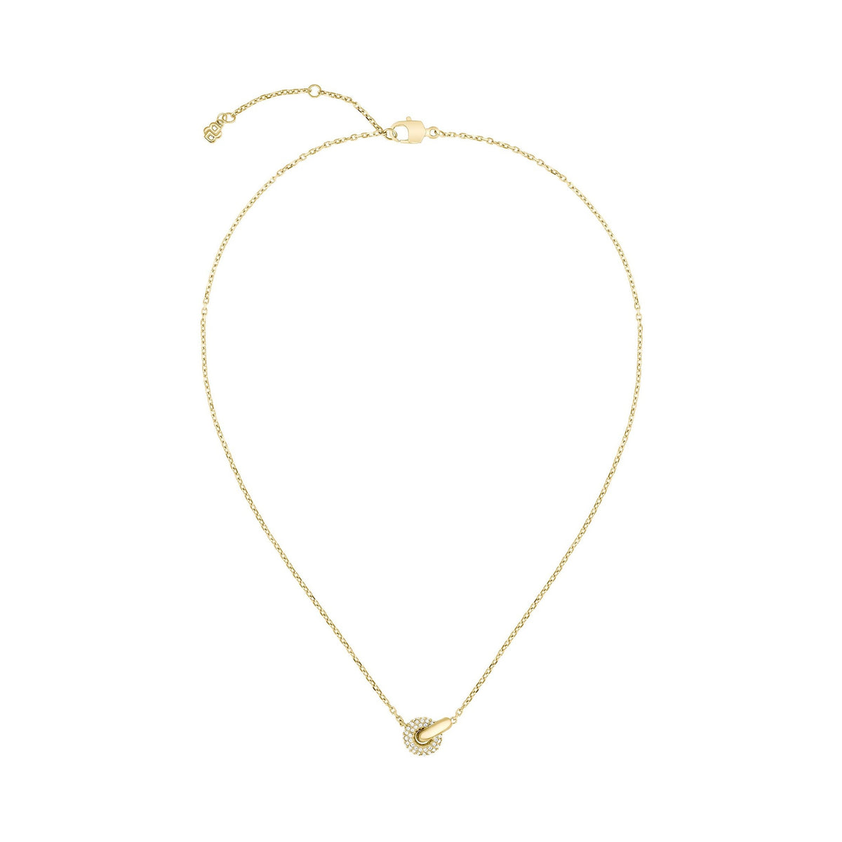 Gold necklace with crystal circle and bar pendant.