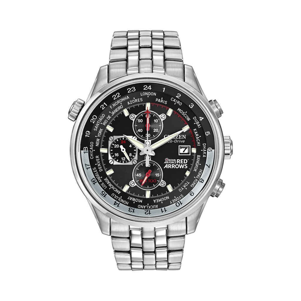 Citizen Red Arrows World Timer watch showcasing timezones and subdials, highlighting complex watch functionality.
