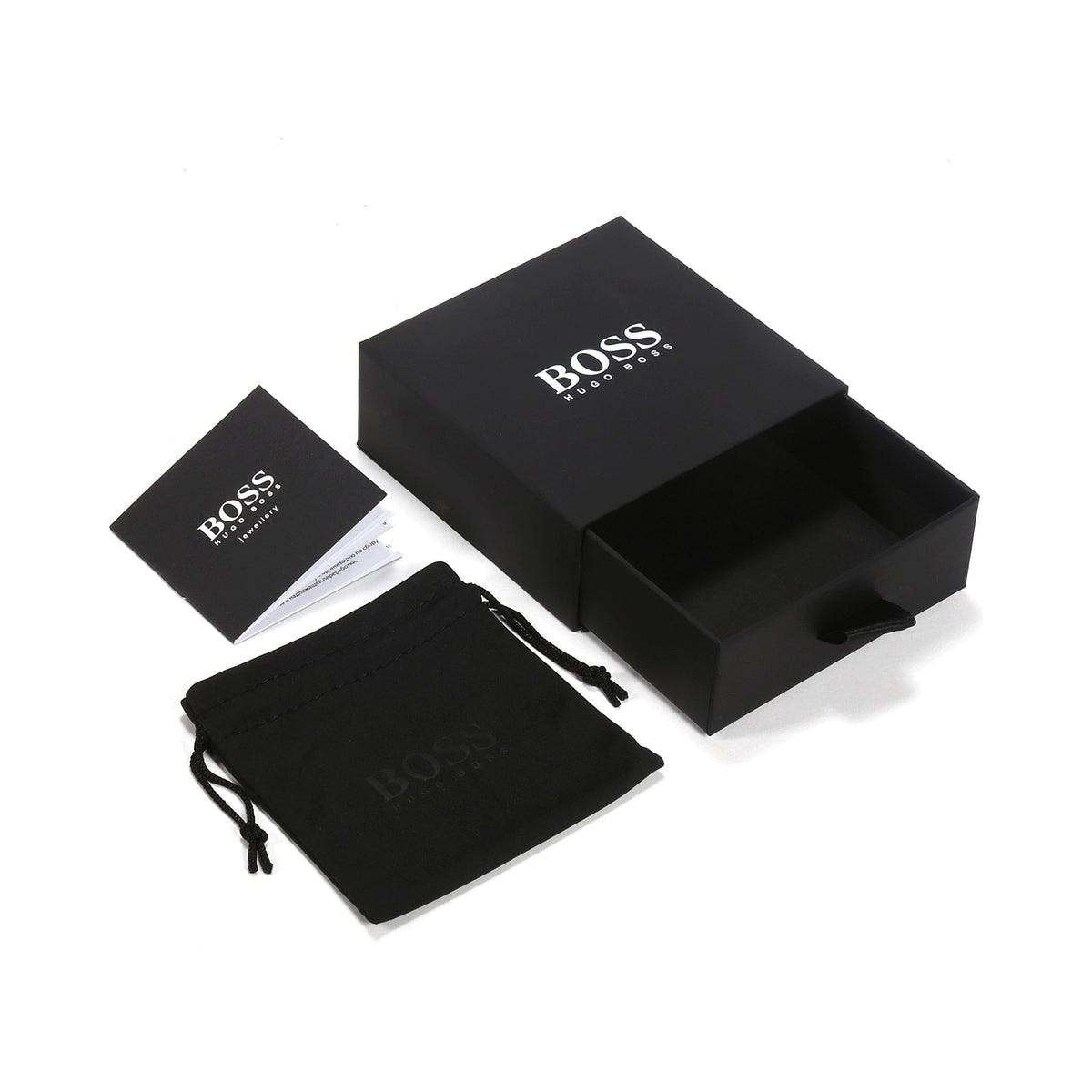 Boss Lander bracelet packaging; box, dust bag, and leaflet featuring Hugo Boss logo branding.