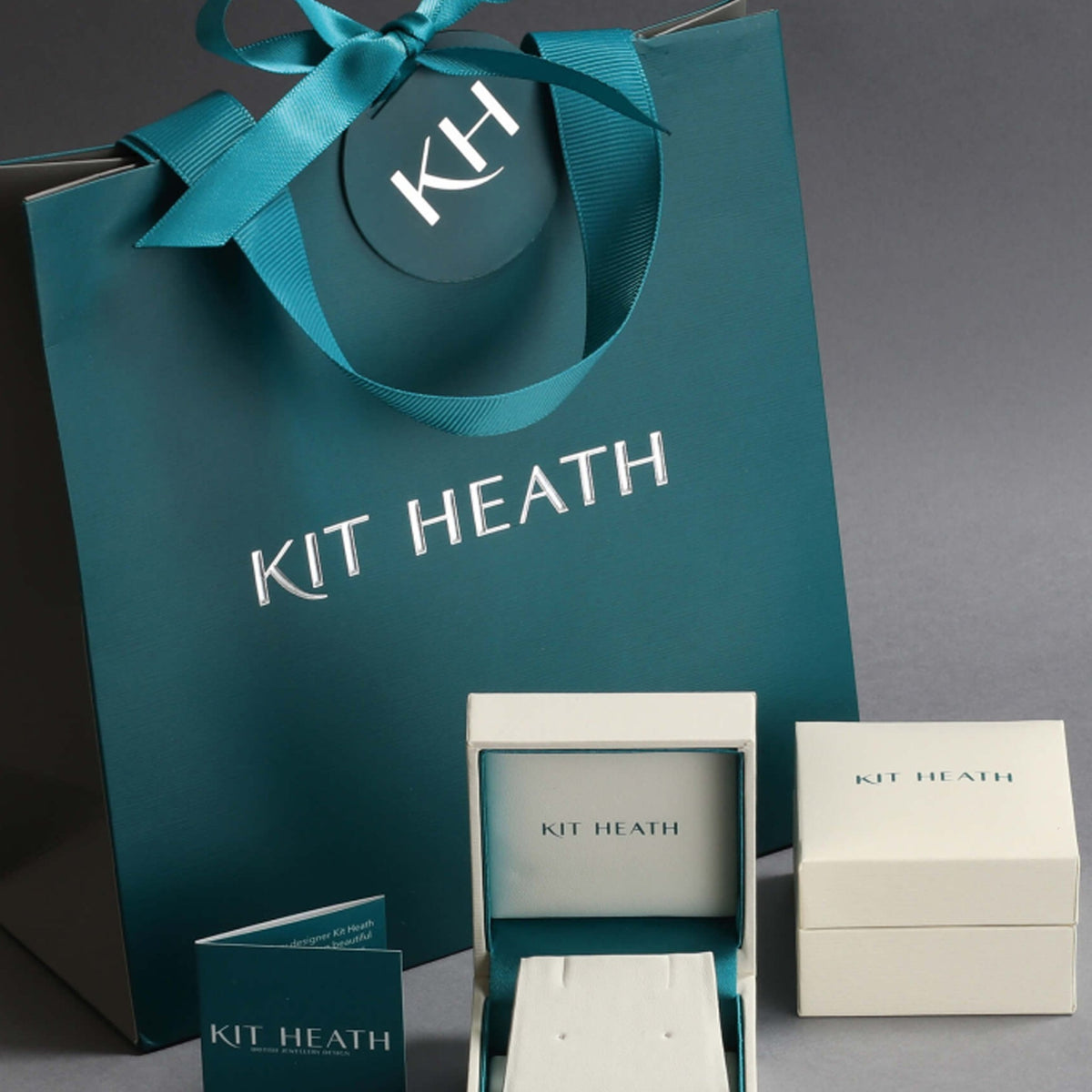 Kit Heath jewelry packaging. Gift bag and earring box highlight the brand's dedication to designer British jewelry.