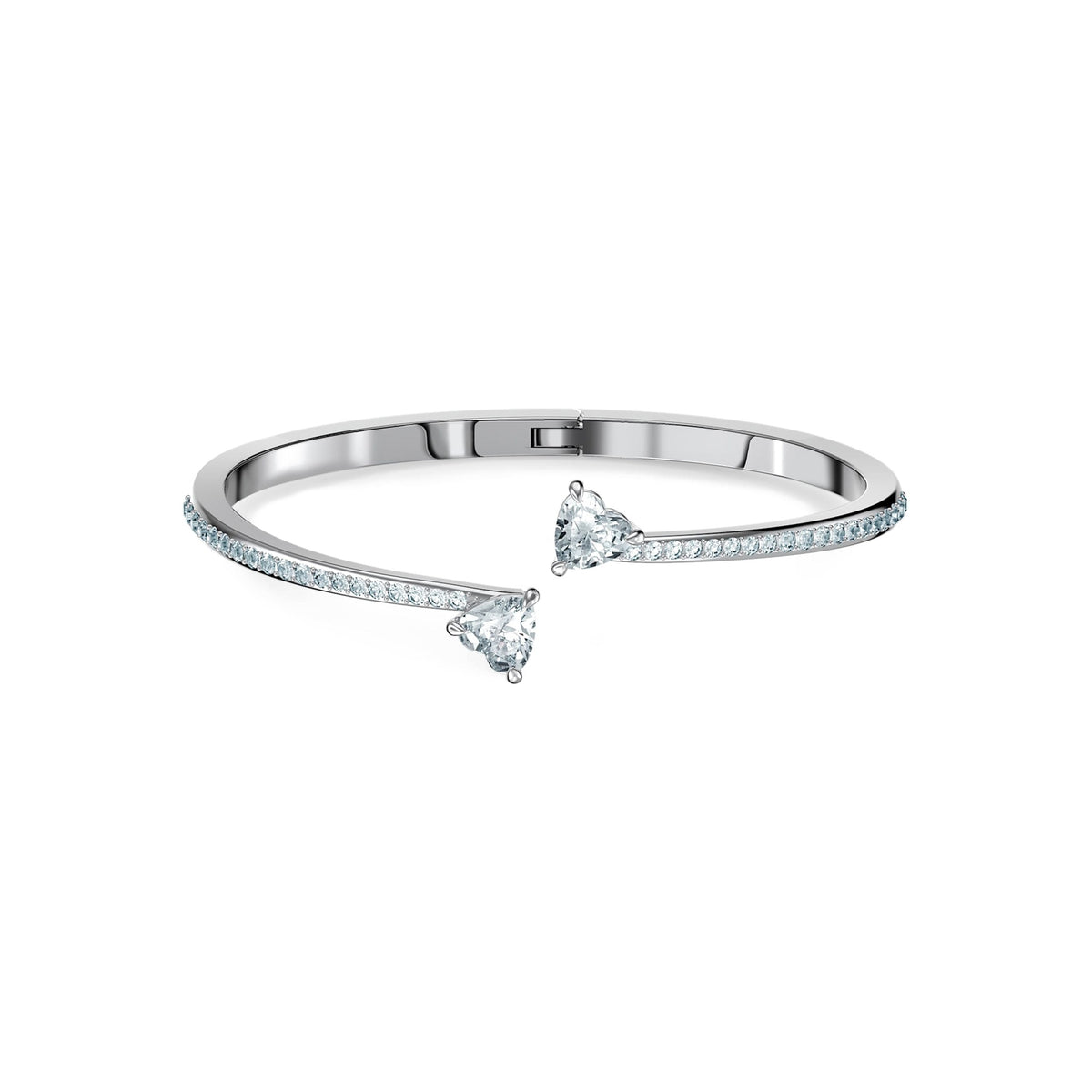 The Swarovski Attract Soul Heart Bangle, a silver metal bracelet from Swarovski, available at OD’s Jewellers in St Helens.