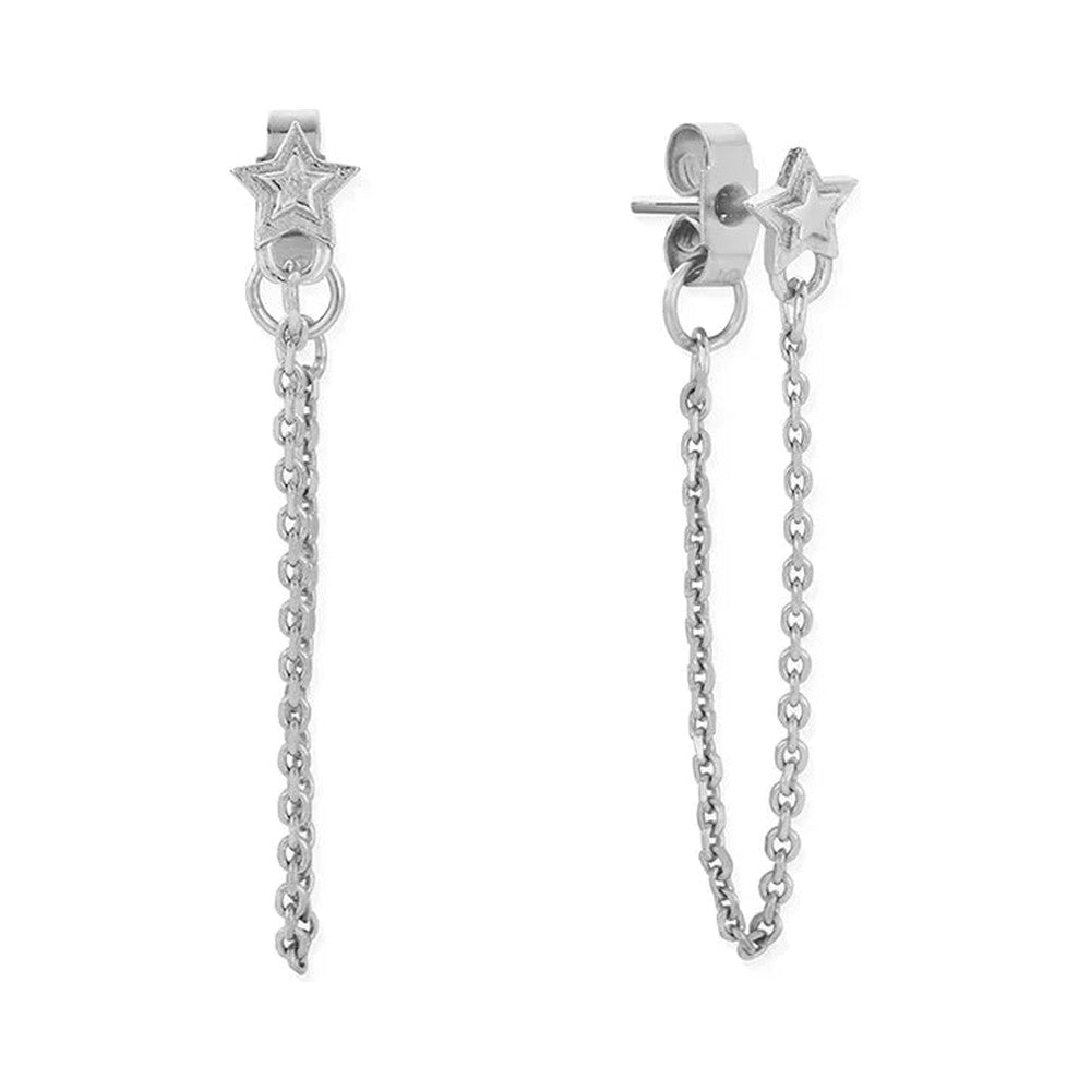 Silver ChloBo earrings featuring star studs with delicate chain detailing, showcasing the Radiant Essence design.