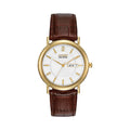 The Citizen Gents Eco-Drive Day Date White Dial Strap Watch, gold-tone case, brown leather strap, from Citizen, OD’s Jewellers St Helens.