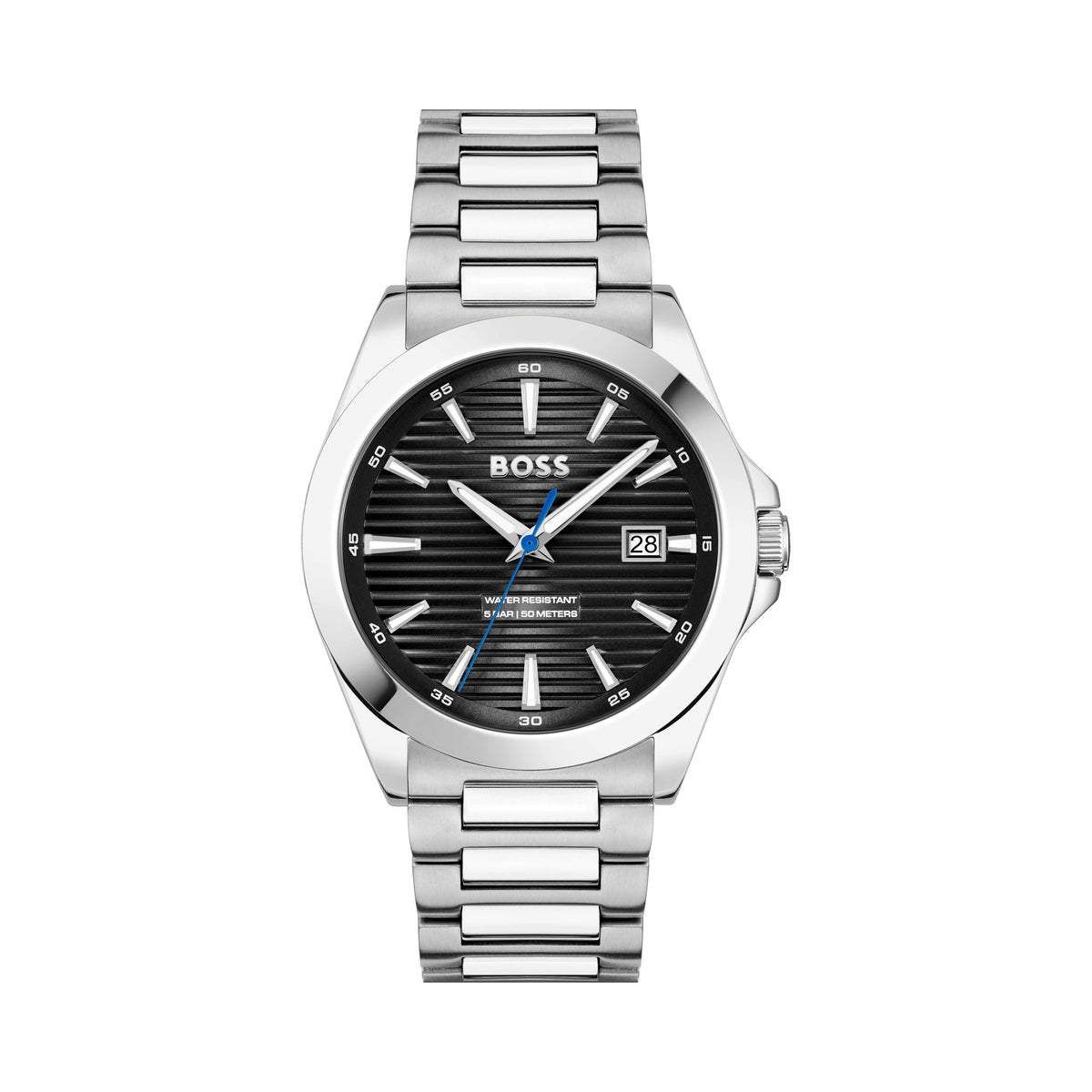 Close-up of the BOSS Strike watch, highlighting the black lined dial, stainless steel band, and date display.