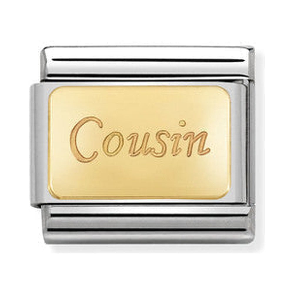 Composable charm featuring "Cousin" in scripted font; part of the Nomination charm bracelet collection.
