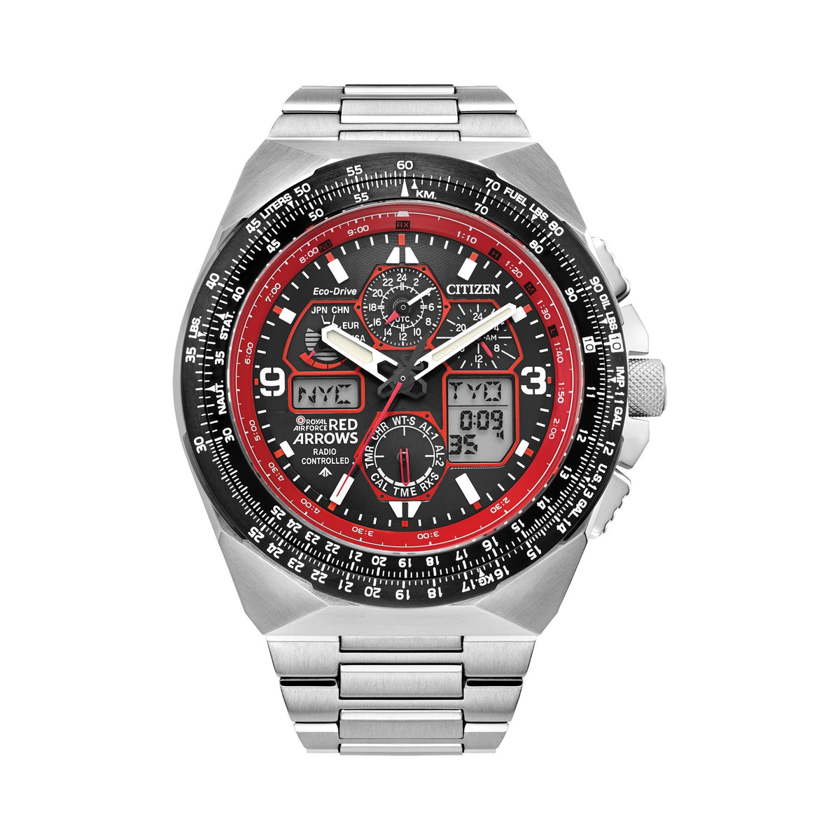 Citizen Skyhawk Red Arrows watch, highlighting its chronograph dial and pilot-specific aviation functions. Limited edition.