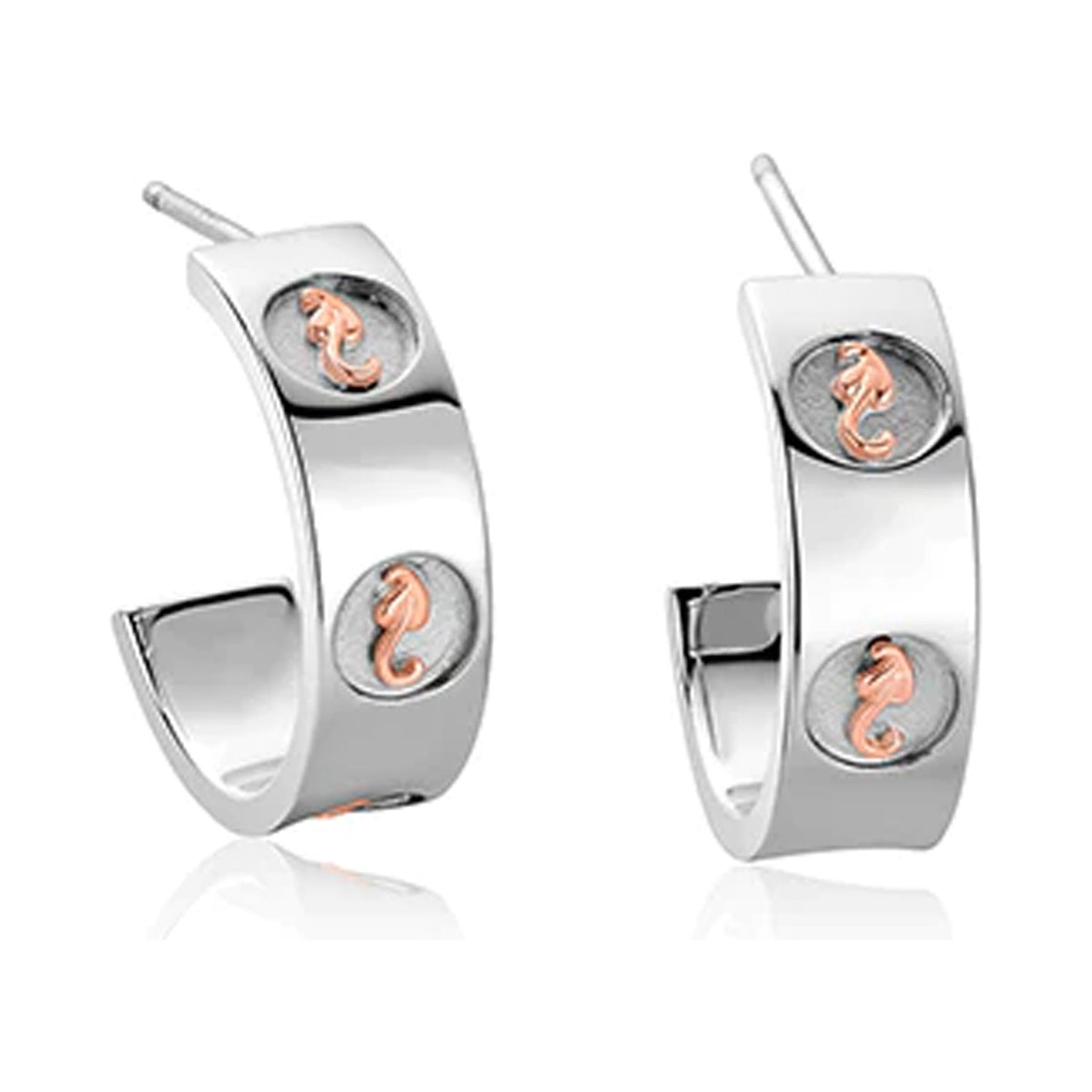 Sterling silver Clogau Insignia earrings featuring the iconic Welsh seahorse design, half hoop style.