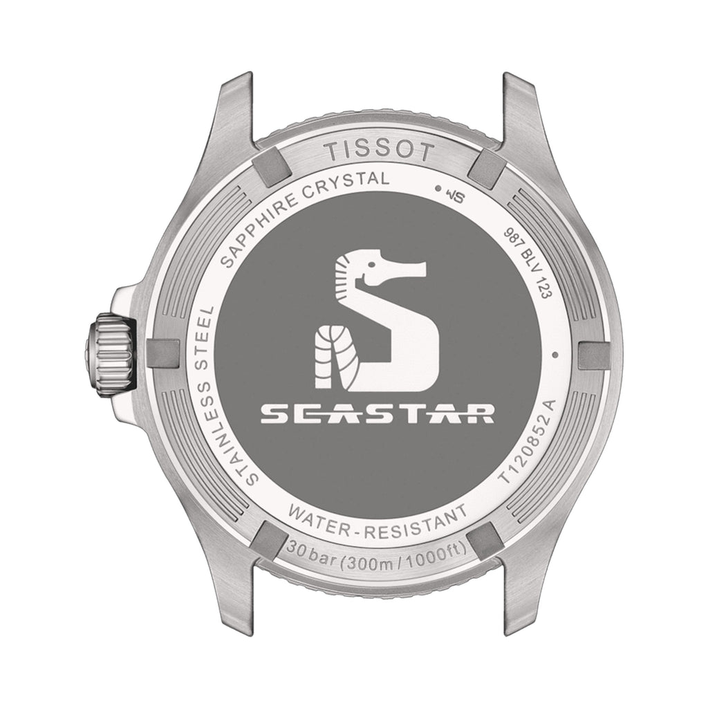 Tissot Seastar 1000 watch back showcasing stainless steel, sapphire crystal, seahorse logo, water resistance (30
