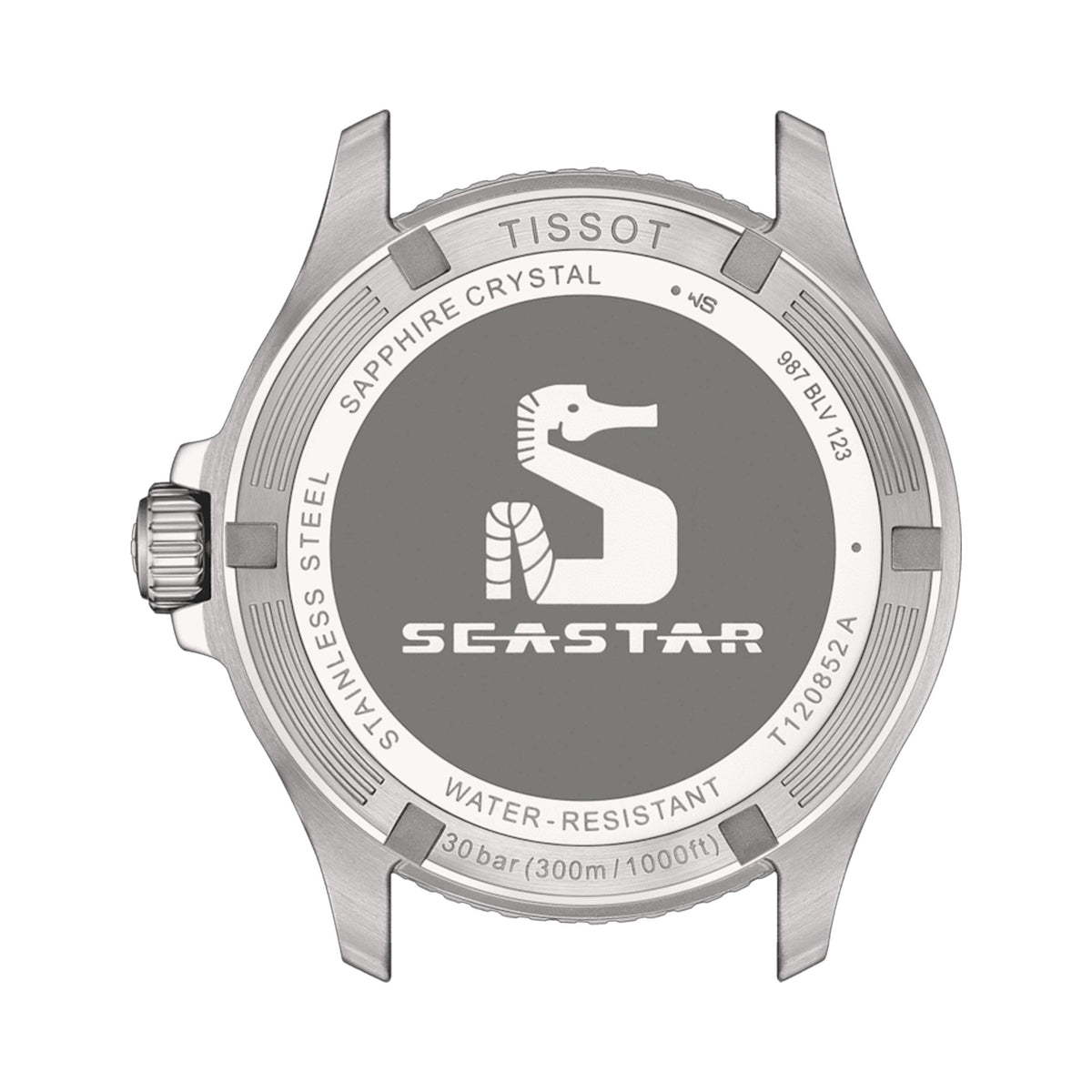 Tissot Seastar 1000 watch back showcasing stainless steel, sapphire crystal, seahorse logo, water resistance (30
