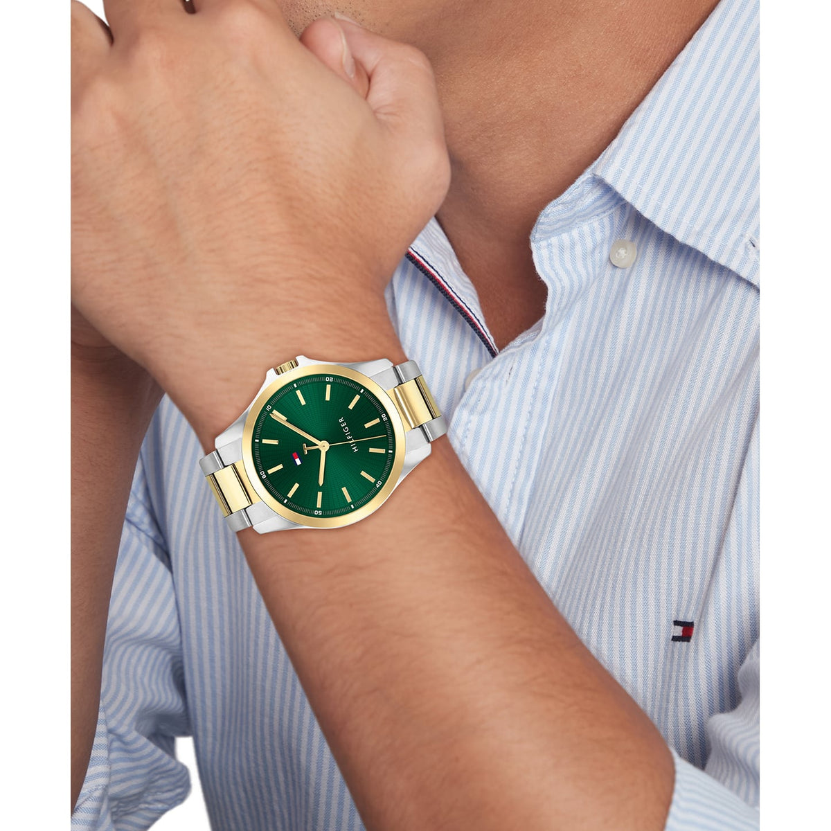 Tommy Hilfiger Mens Bruce Green Dial Bracelet Watch Two-Tone — view 5