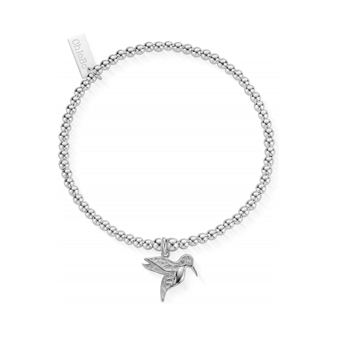 ChloBo charm bracelet featuring a detailed silver hummingbird pendant. Delicate and stylish jewelry design.