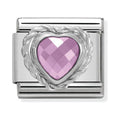 Nomination charm featuring a pink heart-shaped CZ stone, set in a 925 silver composable link.