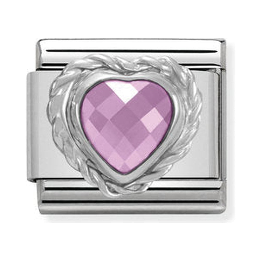 Nomination charm featuring a pink heart-shaped CZ stone, set in a 925 silver composable link.