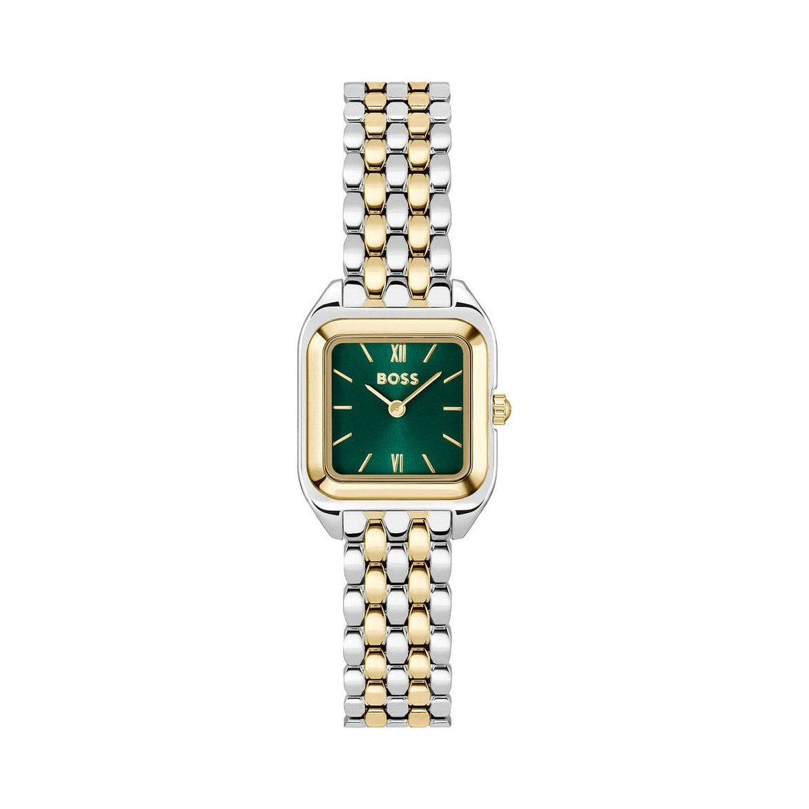 Wristwatch with green face and silver and gold linked band.
