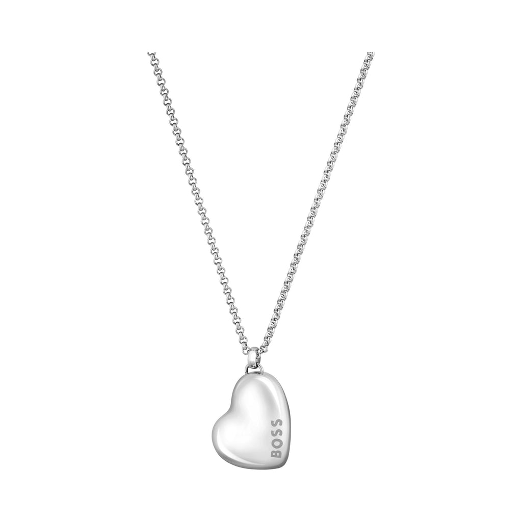 BOSS Honey Heart Pendant in silver stainless steel. A stylish necklace featuring the brand logo, showcased for online