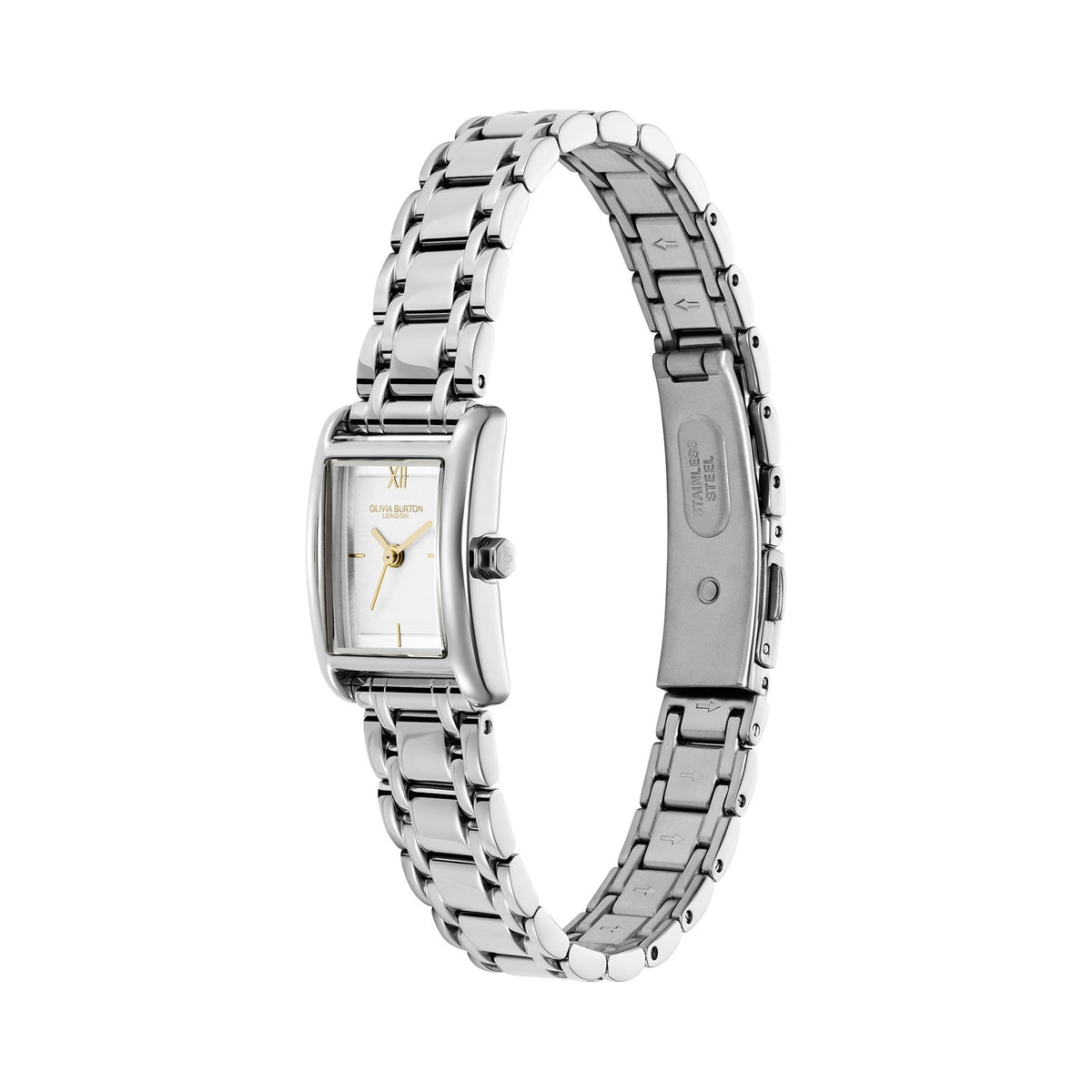 Silver Olivia Burton rectangular wristwatch.

