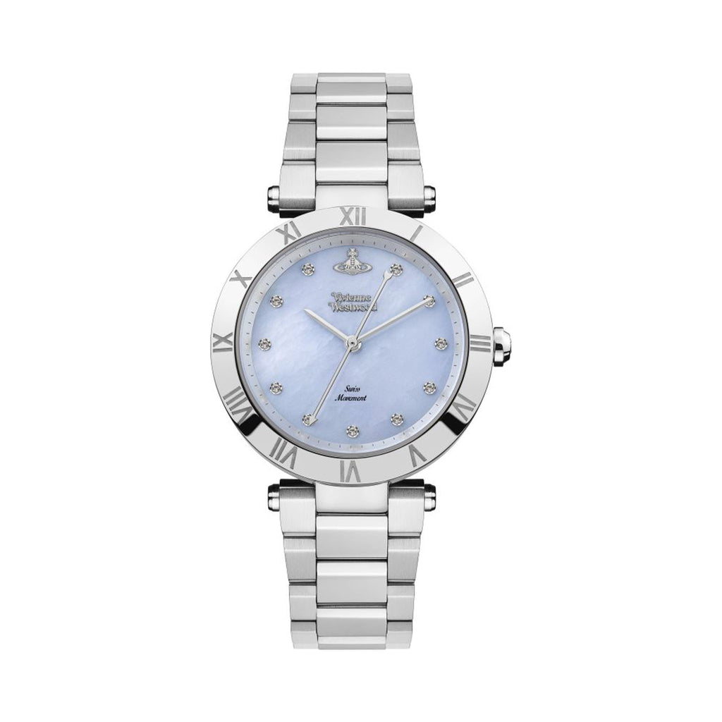Close-up of Vivienne Westwood Montagu watch. Light blue mother-of-pearl dial with roman numeral & crystal markers, stainless
