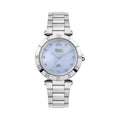 Close-up of Vivienne Westwood Montagu watch. Light blue mother-of-pearl dial with roman numeral & crystal markers, stainless