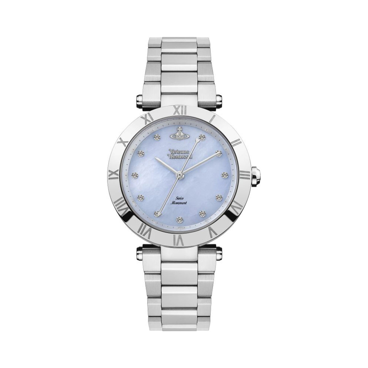 Close-up of Vivienne Westwood Montagu watch. Light blue mother-of-pearl dial with roman numeral & crystal markers, stainless