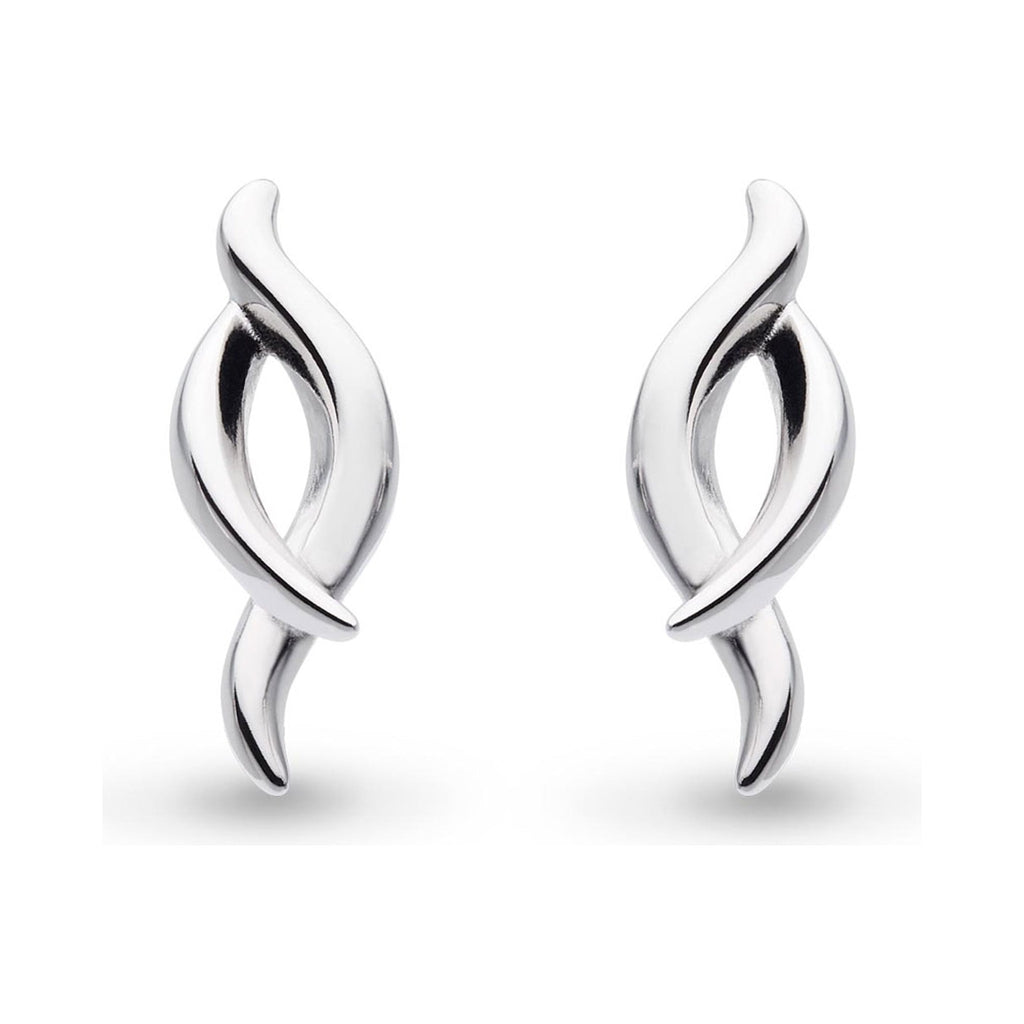 Close-up of Kit Heath's Entwine silver stud earrings featuring a twine twist design; elegant jewelry detail.