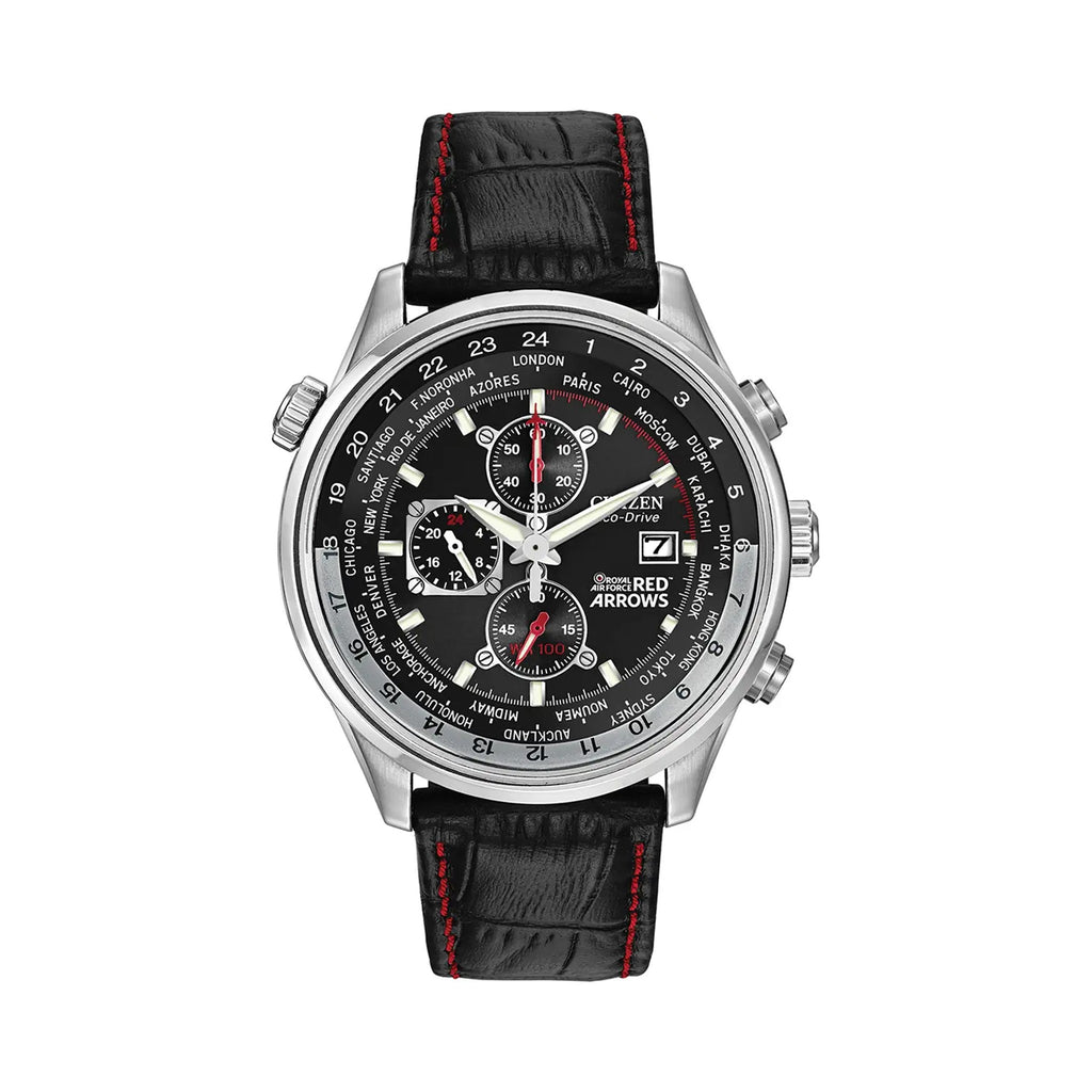 Citizen Red Arrows watch showcasing world time on black dial with leather strap and Eco-Drive technology.