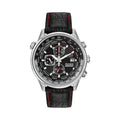 Citizen Red Arrows watch showcasing world time on black dial with leather strap and Eco-Drive technology.