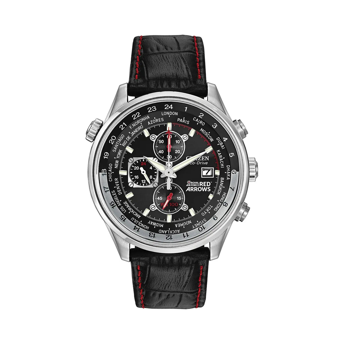 Citizen Red Arrows watch showcasing world time on black dial with leather strap and Eco-Drive technology.