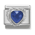 Composable charm link featuring a blue, heart-shaped CZ stone set in a 925 silver frame, Nomination style.