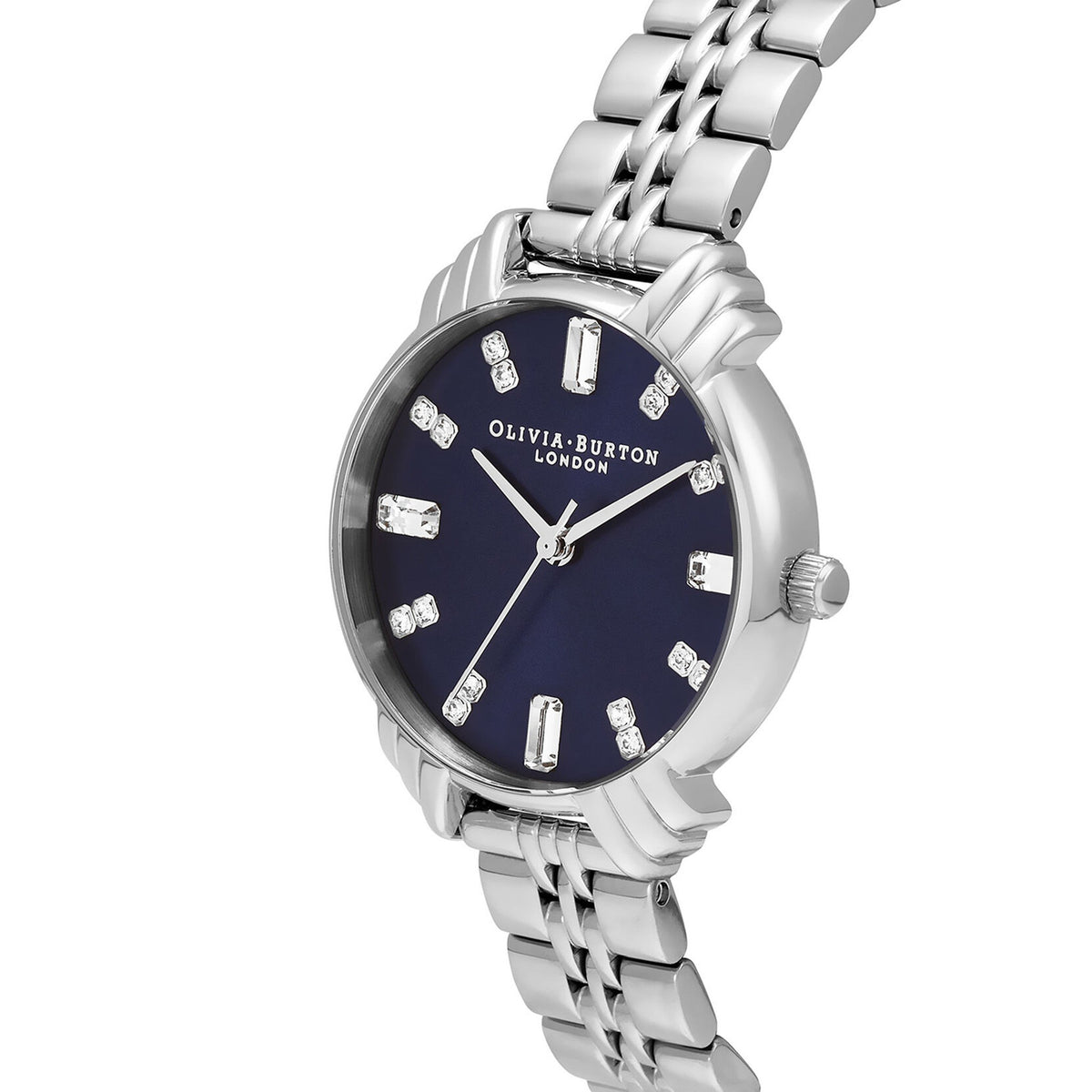 Olivia Burton stainless steel watch featuring a navy dial, art deco design and jewel hour markers.